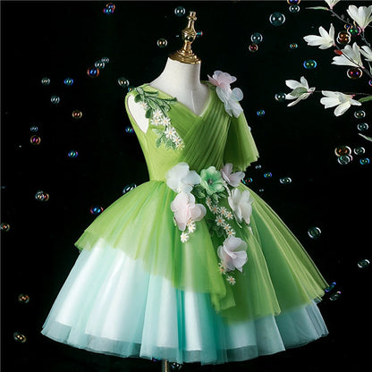 Green Puffy V-Neck Tulle Flower Girl Dress – Party & Wedding Outfit for Kids