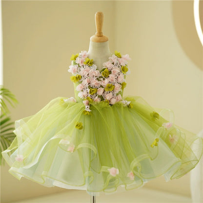 Green Tulle Flower Girl Dress – Puffy Ball Gown for Parties & Weddings (2-12Y)