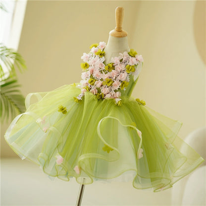Green Tulle Flower Girl Dress – Puffy Ball Gown for Parties & Weddings (2-12Y)