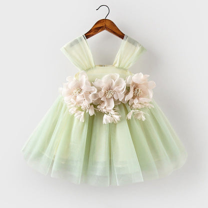 Cute Green Tulle Flower Girl Dress – Tea Length Tiered Skirt for Party & Wedding