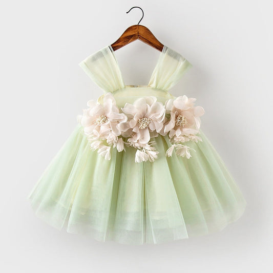 Cute Green Tulle Flower Girl Dress – Tea Length Tiered Skirt for Party & Wedding