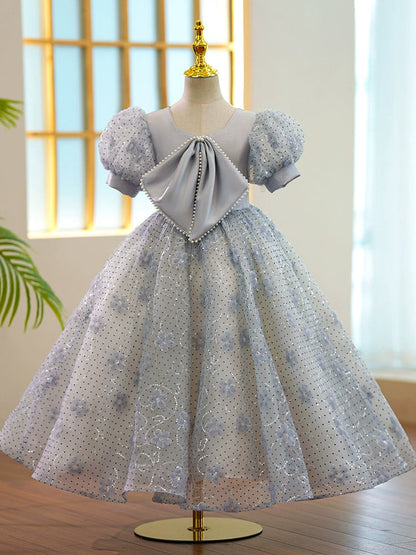 Grey Princess Ball Gown for Girls - Puffy Maxi Dress with Sequins & Bows
