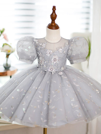 Grey Princess Puffy Flower Girl Dress - Ball Gown Sequin Party Dress for Kids