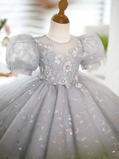 Grey Princess Puffy Flower Girl Dress - Ball Gown Sequin Party Dress for Kids
