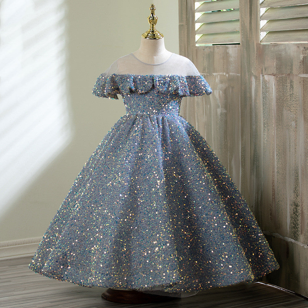 Grey Sequin Maxi Dress for Girls | A-line Flower Girl & Party Dress