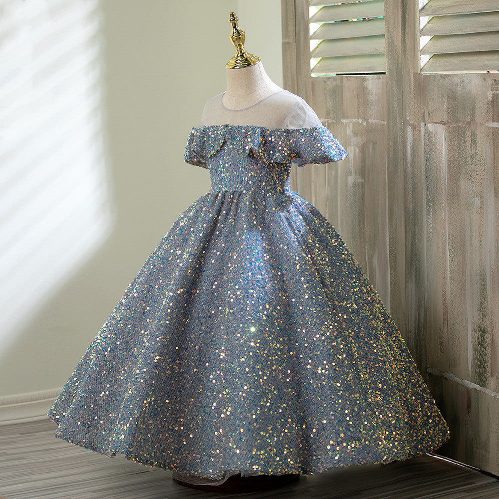 Grey Sequin Maxi Dress for Girls | A-line Flower Girl & Party Dress