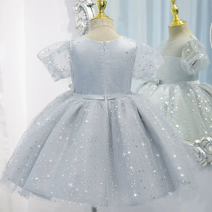Grey Sequin Puffy Flower Girl Dress | Off Shoulder Toddler Party Gown