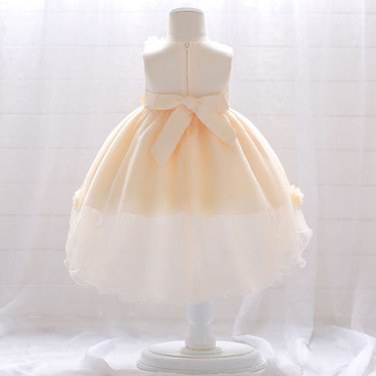 Infant Tulle Flower Girl Dress with Floral Appliqués & Bowknot – High-Low Party Dress for Baby Girls