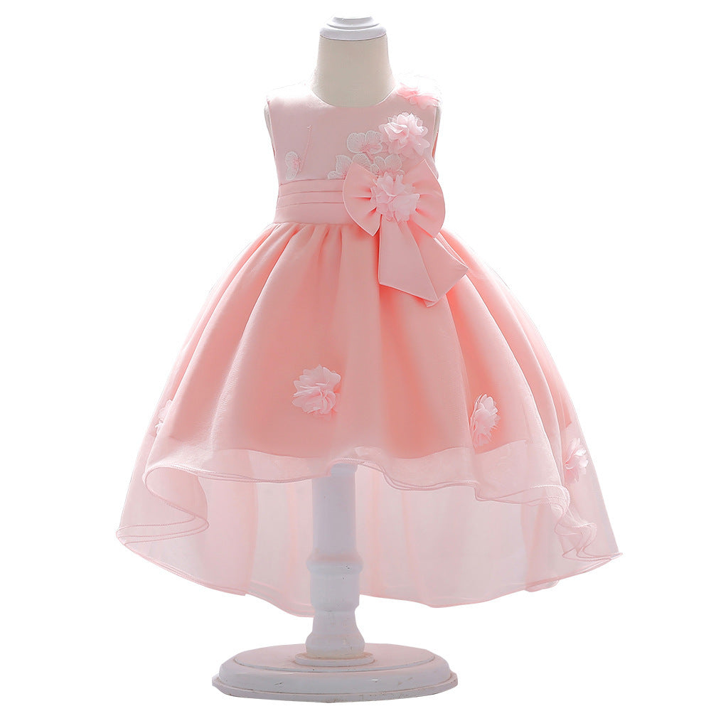 Infant Tulle Flower Girl Dress with Floral Appliqués & Bowknot – High-Low Party Dress for Baby Girls