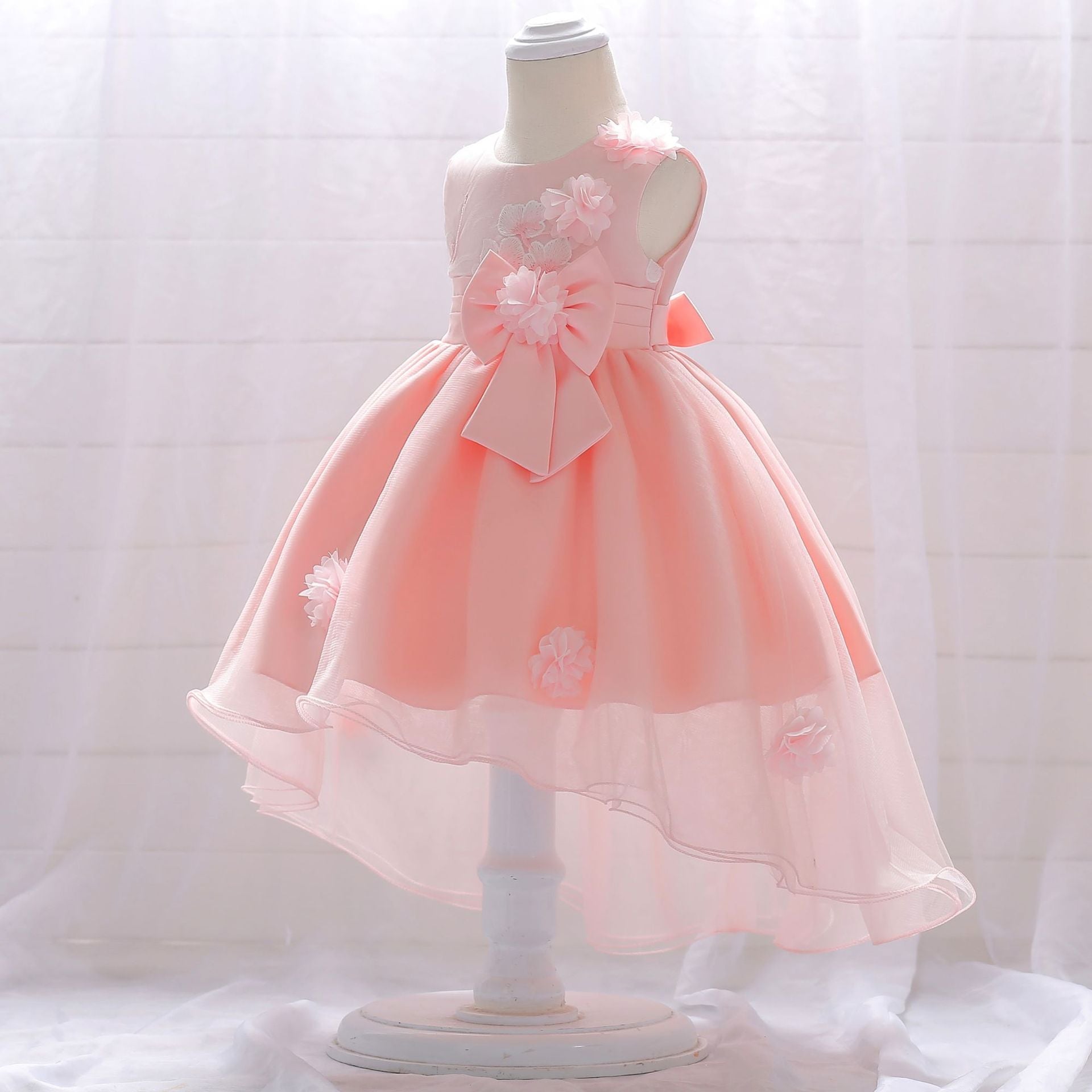 Infant Tulle Flower Girl Dress with Floral Appliqués & Bowknot – High-Low Party Dress for Baby Girls