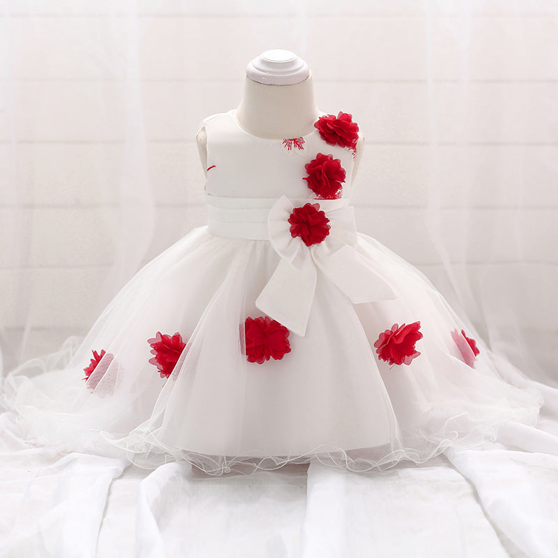 Infant Tulle Flower Girl Dress with Floral Appliqués & Bowknot – High-Low Party Dress for Baby Girls