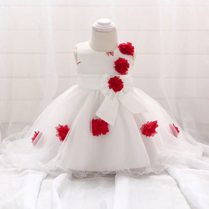 Infant Tulle Flower Girl Dress with Floral Appliqués & Bowknot – High-Low Party Dress for Baby Girls