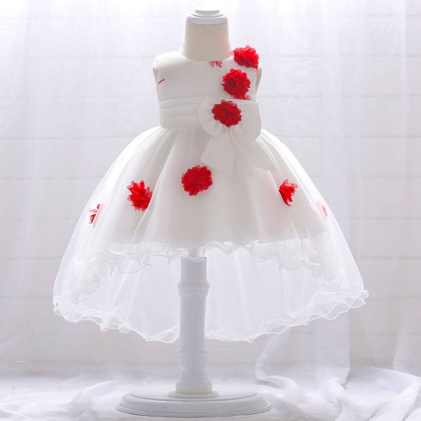 Infant Tulle Flower Girl Dress with Floral Appliqués & Bowknot – High-Low Party Dress for Baby Girls