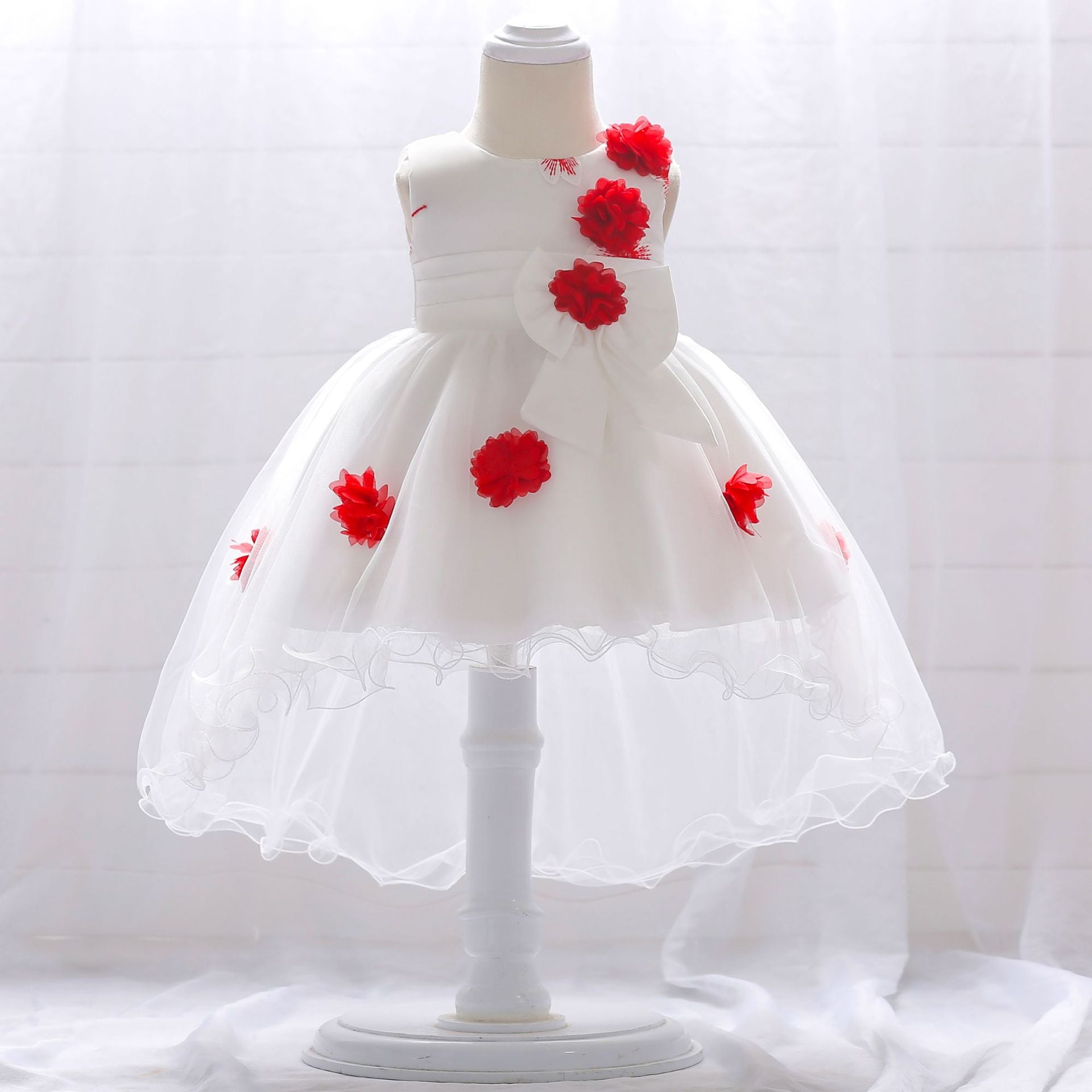 Infant Tulle Flower Girl Dress with Floral Appliqués & Bowknot – High-Low Party Dress for Baby Girls
