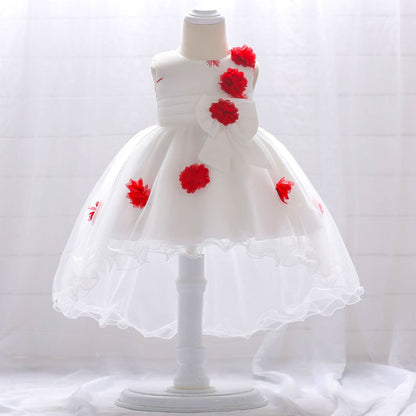 Infant Tulle Flower Girl Dress with Floral Appliqués & Bowknot – High-Low Party Dress for Baby Girls