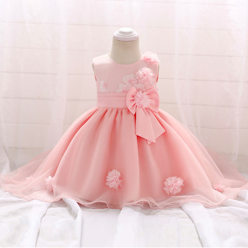 Infant Tulle Flower Girl Dress with Floral Appliqués & Bowknot – High-Low Party Dress for Baby Girls