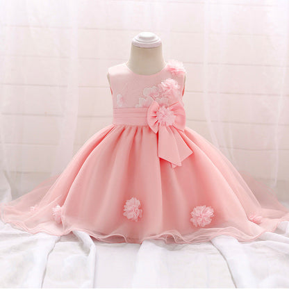 Infant Tulle Flower Girl Dress with Floral Appliqués & Bowknot – High-Low Party Dress for Baby Girls
