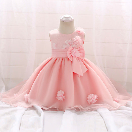 Infant Tulle Flower Girl Dress with Floral Appliqués & Bowknot – High-Low Party Dress for Baby Girls