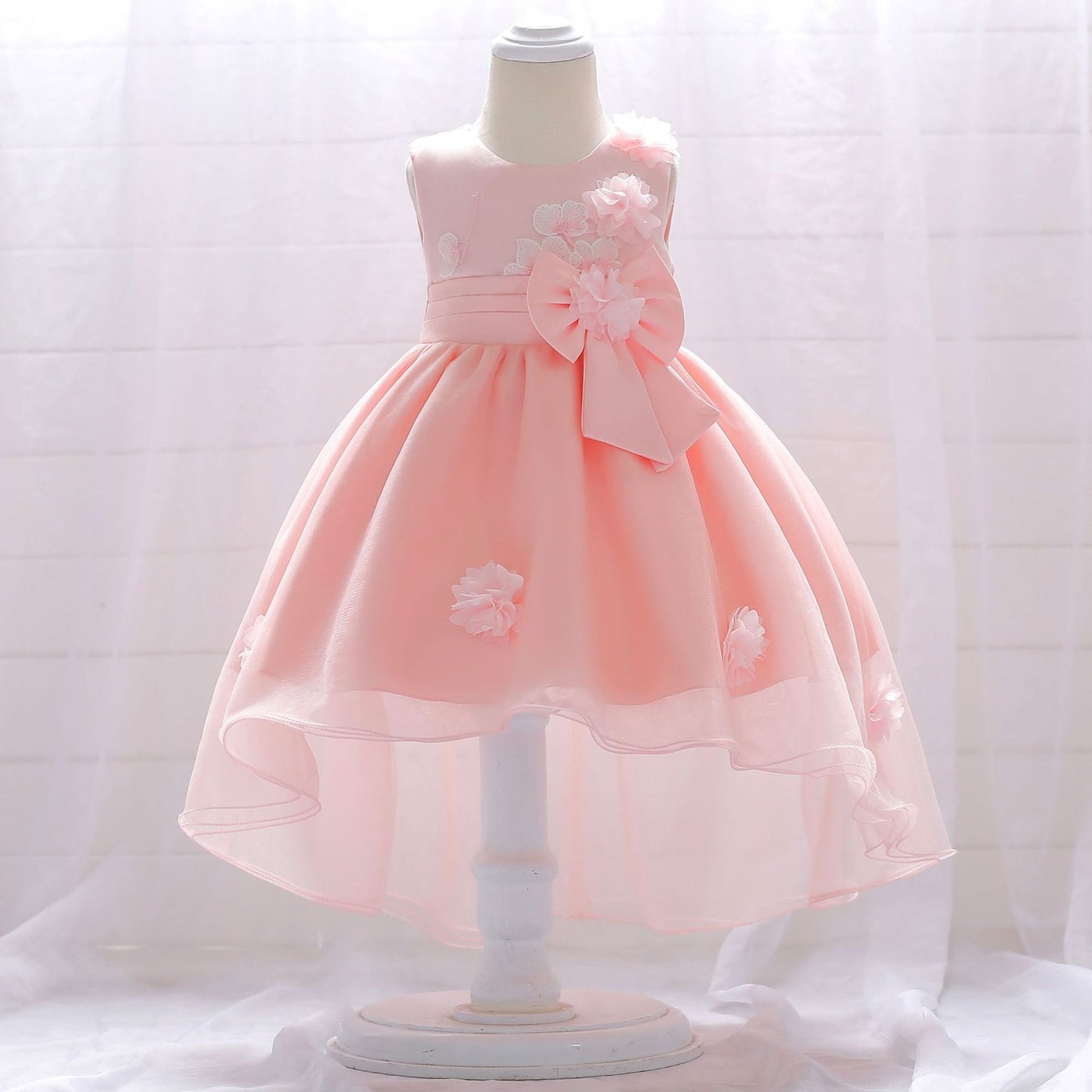 Infant Tulle Flower Girl Dress with Floral Appliqués & Bowknot – High-Low Party Dress for Baby Girls