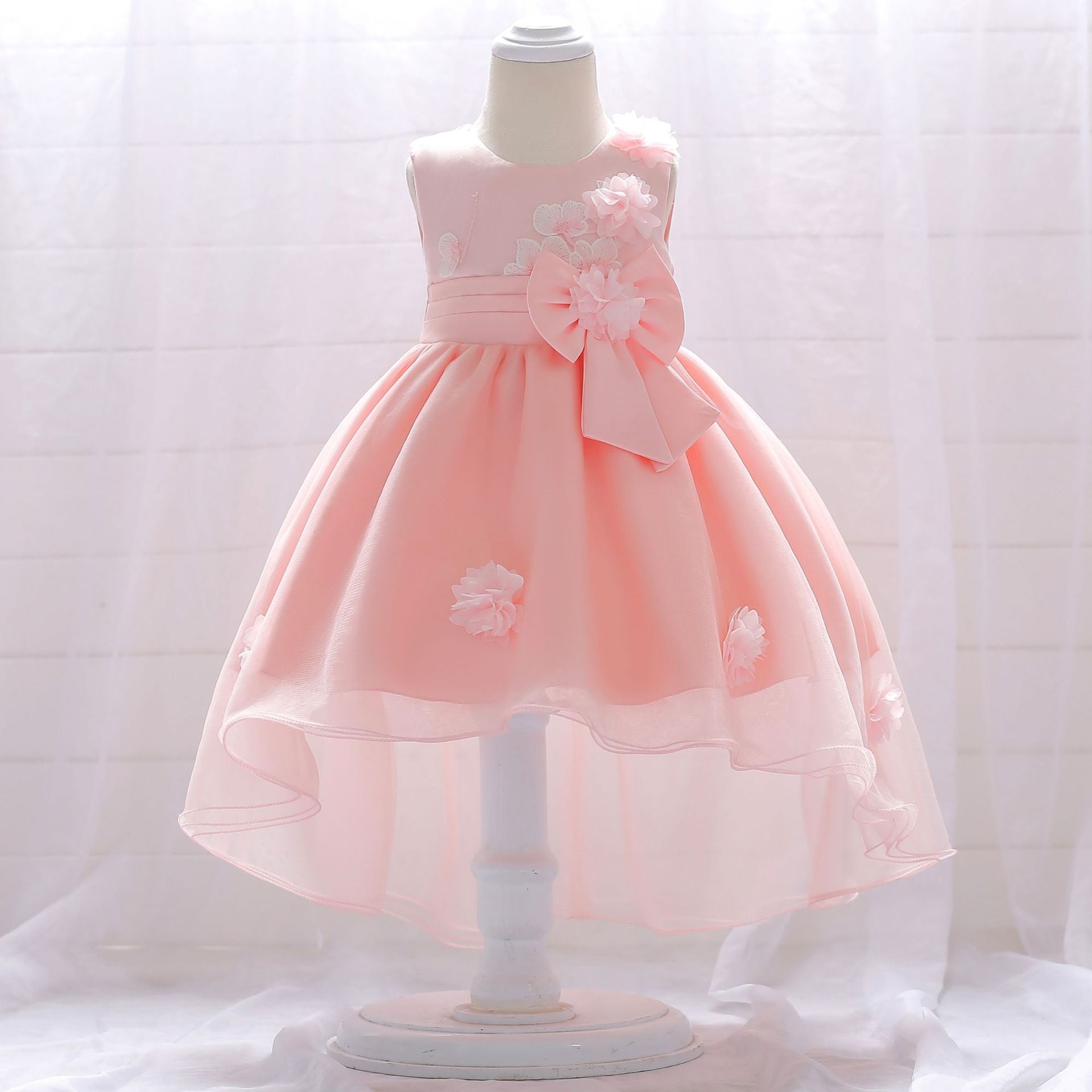 Infant Tulle Flower Girl Dress with Floral Appliqués & Bowknot – High-Low Party Dress for Baby Girls