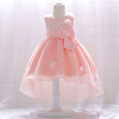 Infant Tulle Flower Girl Dress with Floral Appliqués & Bowknot – High-Low Party Dress for Baby Girls