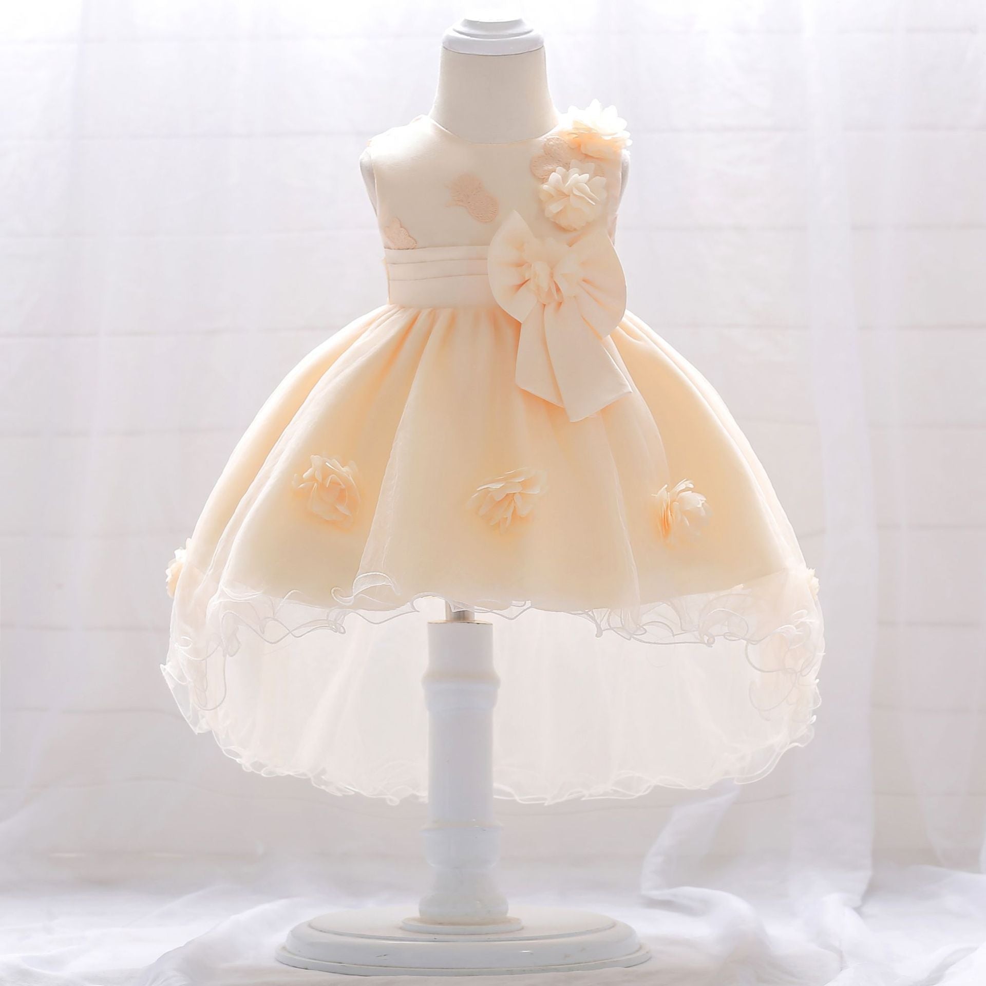 Infant Tulle Flower Girl Dress with Floral Appliqués & Bowknot – High-Low Party Dress for Baby Girls