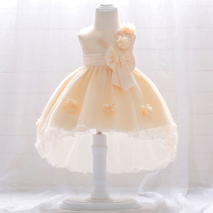 Infant Tulle Flower Girl Dress with Floral Appliqués & Bowknot – High-Low Party Dress for Baby Girls