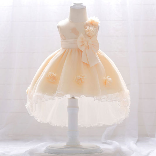 Infant Tulle Flower Girl Dress with Floral Appliqués & Bowknot – High-Low Party Dress for Baby Girls
