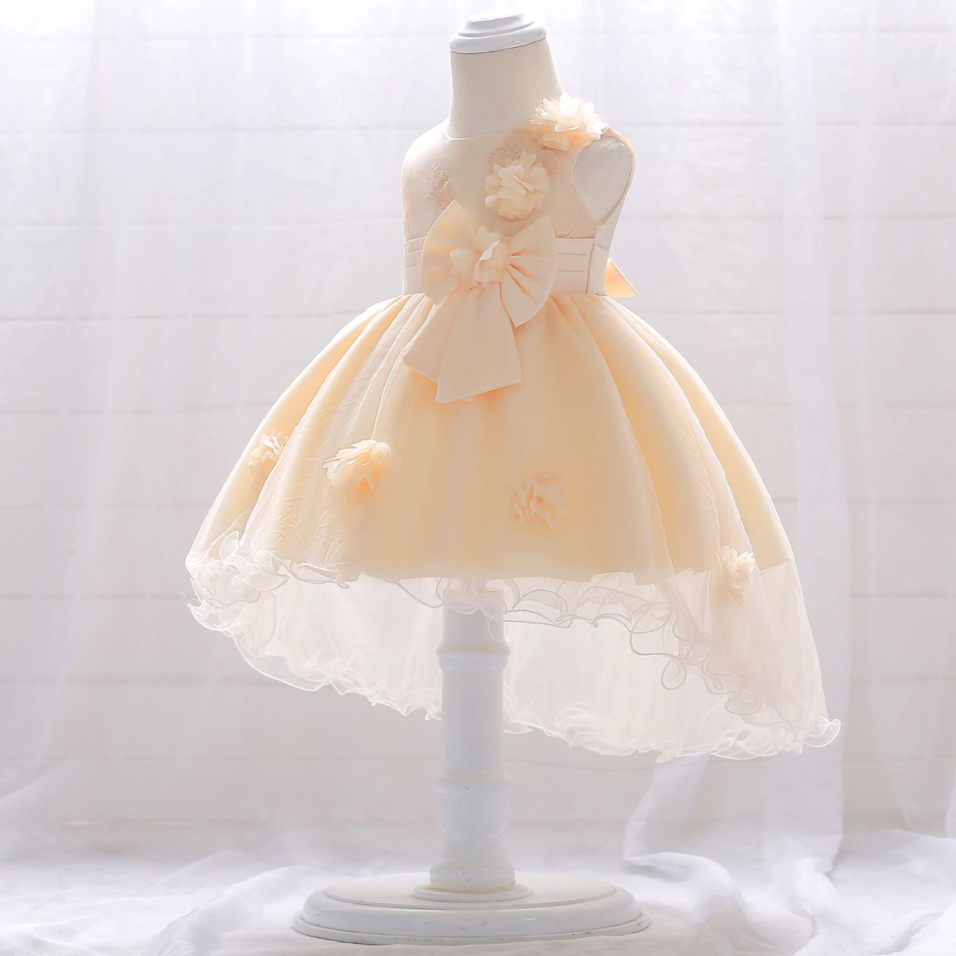 Infant Tulle Flower Girl Dress with Floral Appliqués & Bowknot – High-Low Party Dress for Baby Girls