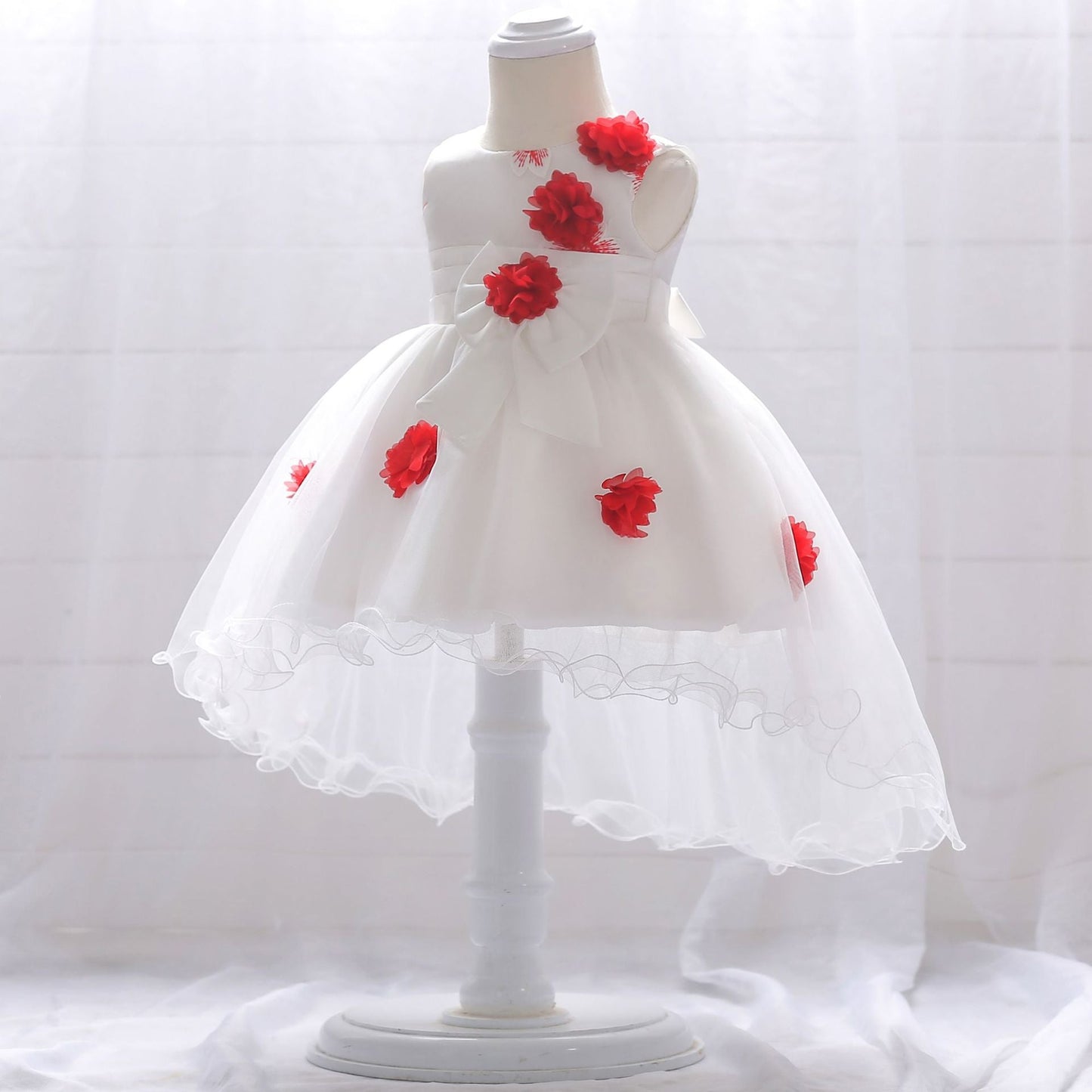 Infant Tulle Flower Girl Dress with Floral Appliqués & Bowknot – High-Low Party Dress for Baby Girls