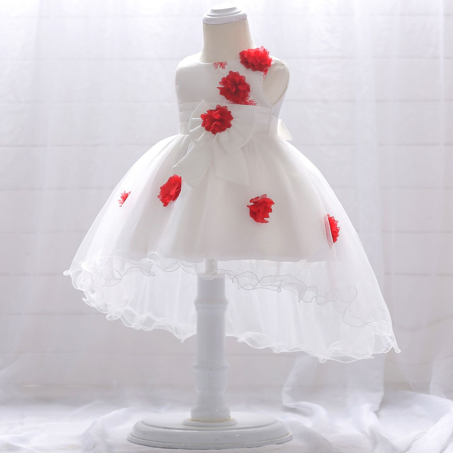 Infant Tulle Flower Girl Dress with Floral Appliqués & Bowknot – High-Low Party Dress for Baby Girls