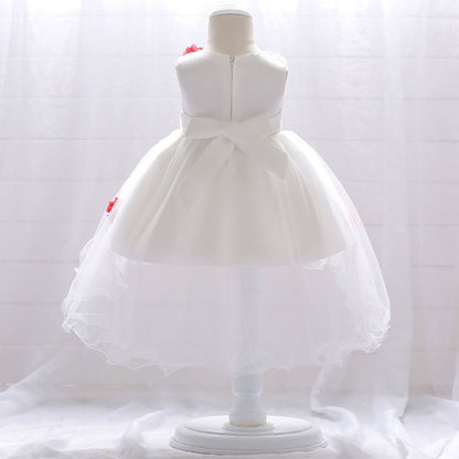 Infant Tulle Flower Girl Dress with Floral Appliqués & Bowknot – High-Low Party Dress for Baby Girls