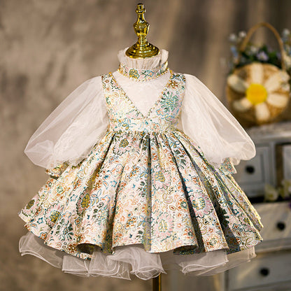 Jade Green Satin Embroidered Flower Girl Dress – Long Sleeve Princess Gown