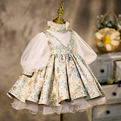Jade Green Satin Embroidered Flower Girl Dress – Long Sleeve Princess Gown