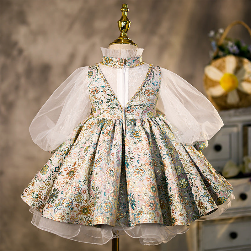 Jade Green Satin Embroidered Flower Girl Dress – Long Sleeve Princess Gown
