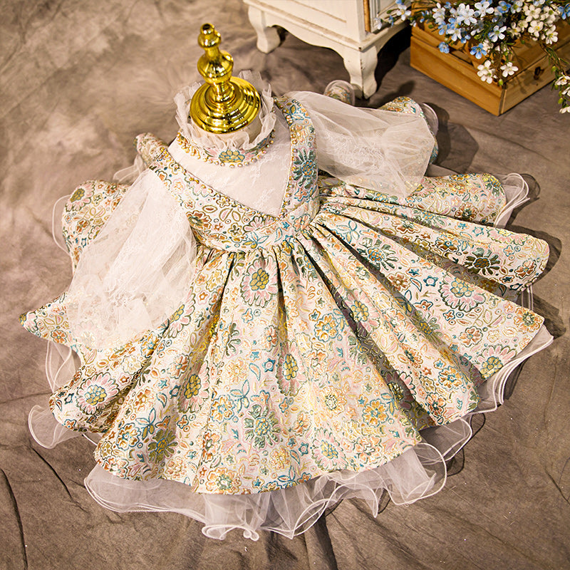 Jade Green Satin Embroidered Flower Girl Dress – Long Sleeve Princess Gown