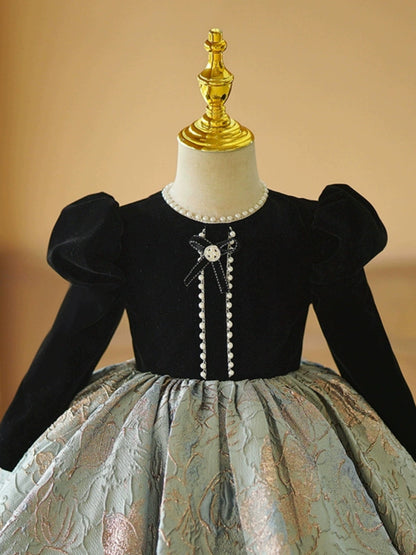 Black Velvet Satin Ball Gown Flower Girl Dress | Puffy Kids Party Dress