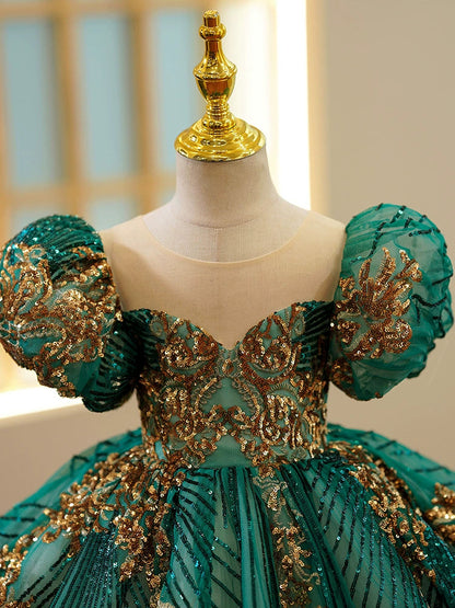 Dark Green Sequin Princess Ball Gown Dress for Girls – Puffy Knee Length Party & Wedding Wear