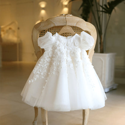 White Tulle A-Line Kids Dress with Flowers & Bow | Party & Flower Girl Outfit