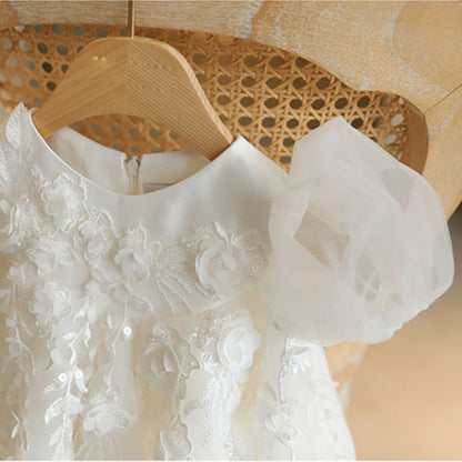 White Tulle A-Line Kids Dress with Flowers & Bow | Party & Flower Girl Outfit