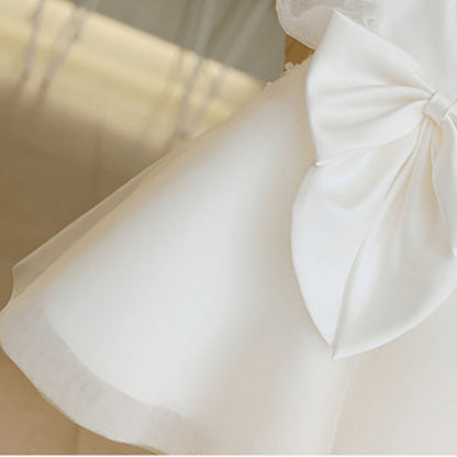 White Tulle A-Line Kids Dress with Flowers & Bow | Party & Flower Girl Outfit