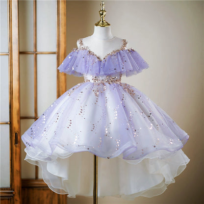 Lavender High-Low Puffy Sequin Flower Girl Dress for Weddings & Parties