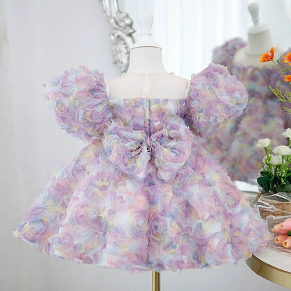 Lavender Princess Puffy Ball Gown Flower Girl Dress – Illusion Neck & Flower Embellishment
