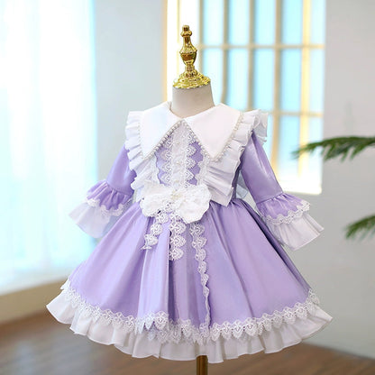 Lavender Puffy Princess Flower Girl Dress with Collar – Kids Party Gown