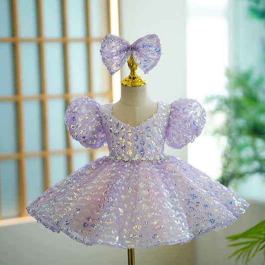 Lavender Sequin V-Neck Flower Girl Ball Gown Dress – Knee-Length Princess Style