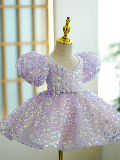 Lavender Sequin V-Neck Flower Girl Ball Gown Dress – Knee-Length Princess Style