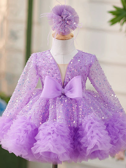 Lavender Sequin Ball Gown Puffy Flower Girl Dress with Bowknot – Princess Style