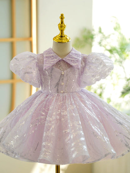 Lavender Sequin Princess Flower Girl Dress with Collar – Ball Gown for Parties, Weddings & Celebrations