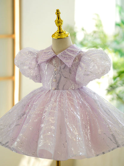 Lavender Sequin Princess Flower Girl Dress with Collar – Ball Gown for Parties, Weddings & Celebrations