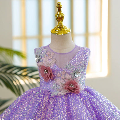 Lavender Puffy Sequin Flower Girl Dress – Cute Ball Gown for Parties & Weddings